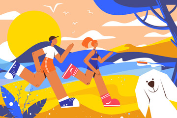 Young Energetic Couple Running Seaside Flat Illustration