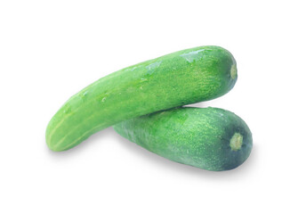 Two fresh green cucumbers vegetalble in stack, heap or pile isolated on white background with clipping path