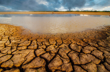 Dried lake and river on summer, Water crisis at thailand and Climate change or drought concept.	