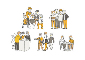 心から信頼できる幸福な男性同士の集まりのセット　コミカルな人物ベクターイラスト　