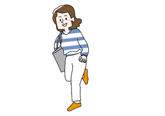 急足のカジュアルでアクティブな女性　コミカルな手書きの人物　ベクター、温かみのある線画