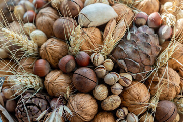Handmade bouquet of nuts, pine cones, spikelets for holiday. Food floristry. Gift for men. Edible bouquet for birthday, valentine's day. Top view, selective focus. High quality photo
