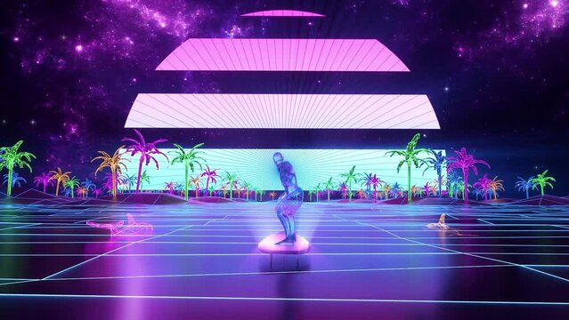 Synthwave Surfer and Dolphins - Loop Retrowave Sea Landscape Background