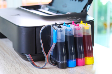 Close up printer on the office desk. Concept of copier or photocopier workplace equipment for...