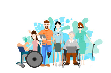 Happy handicapped group. Technology for the disabled. Flat design vector illustration.