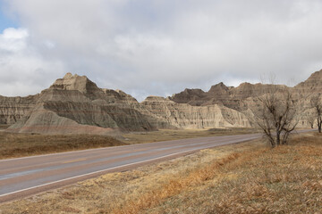 Fototapeta na wymiar A road through Badlands National Park in South Dakota