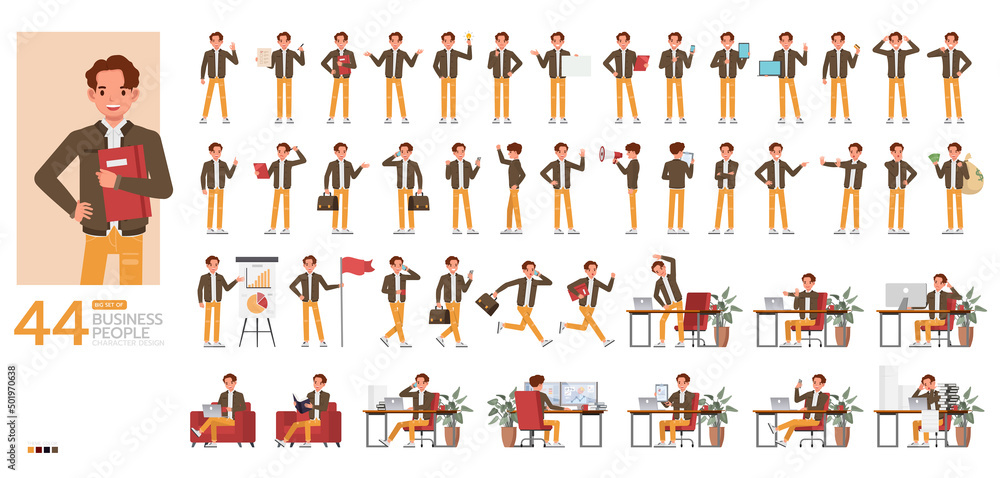 Poster big set of businessman character vector design. presentation in various action. people working in of