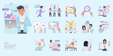 Set of business people feedback concept character vector design. Presentation in various action. People working in office planning, thinking and economic analysis.
