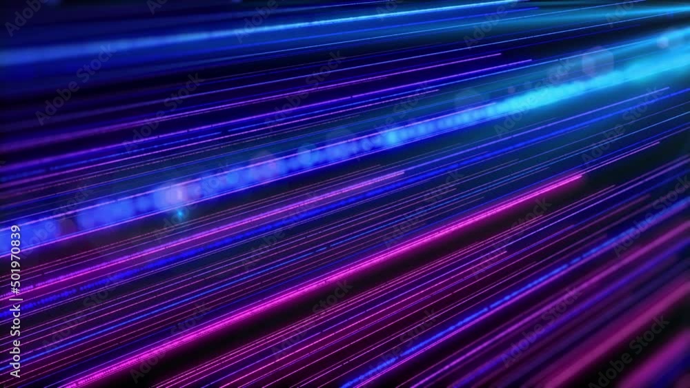 Poster Abstract technology big data colorful glow brightness neon lines. Futuristic depth of field, blur, perspective view 4K motion loop background.