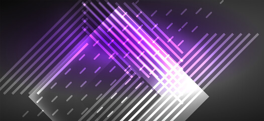 Background neon glowing lines and geometric shapes. Lights in the dark wallpaper for concept of AI technology, blockchain, digital, communication, 5G, science