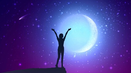 Silhouette of a woman with her hands raised up and a big moon