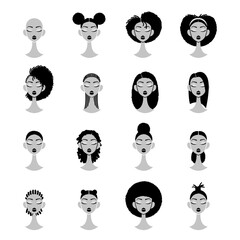 Set of afro hairstyles isolated on white background