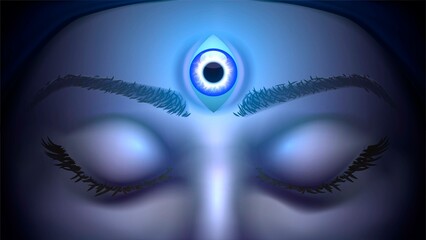 Close-up of closed eyes and a glowing third eye on the forehead