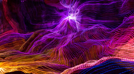 Abstract wave of digital weave lines connecting network dots and dark background . Modern 3D mesh...