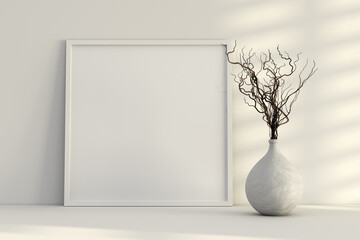 Fototapeta na wymiar Square white frame mock up on white shelf ot desk and wall