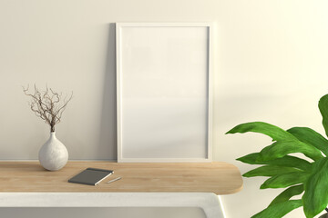 Vertical white frame mock up on wooden desk.