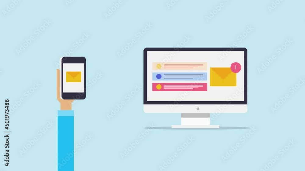 Poster incoming email message in a desktop computer, sending email via smartphone, business communication i