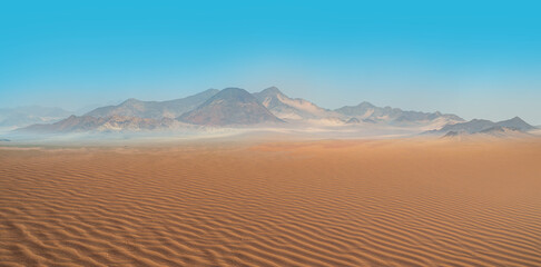 Fototapeta na wymiar Panoramic view of orange sand dune desert with clear blue sky at Namib desert - Namibia