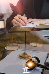 Judge gavel and legal book on wooden table, justice and law concept