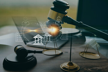 Judge gavel and legal book on wooden table, justice and law concept