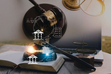 Judge gavel and legal book on wooden table, justice and law concept