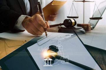 Judge gavel and legal book on wooden table, justice and law concept