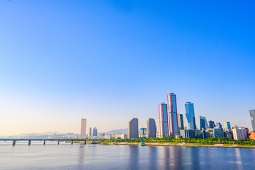 Fototapeta premium Skyscrapers in Yeouido, Han River, Seoul, taken in the morning