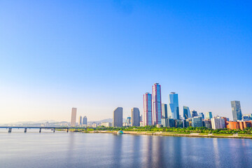 Fototapeta na wymiar Skyscrapers in Yeouido, Han River, Seoul, taken in the morning