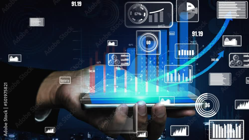 Poster double exposure image of business and finance conceptual - businessman with report chart up forward 