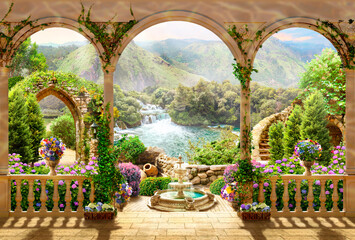 Lake in the mountains. Waterfalls, Photo Wallpapers, 3d illustration. 3d Image.