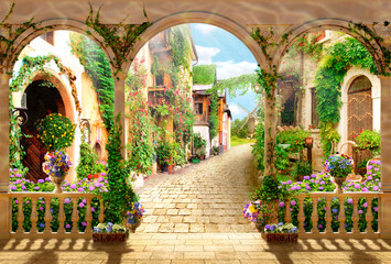 3d image. Old Town, Street, 3d wallpaper and mural. Wallpaper on the wall.