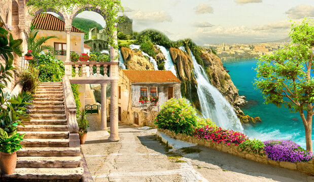 A beautiful landscape with an old urya house with a waterfall. 3d wallpaper. Photo wallpapers. 3d image.