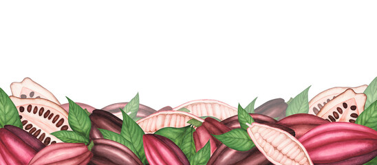 Banner with Ripe Cocoa pod with beans and leaves. Watercolor borders. Illustration for packaging,template, menu, poster