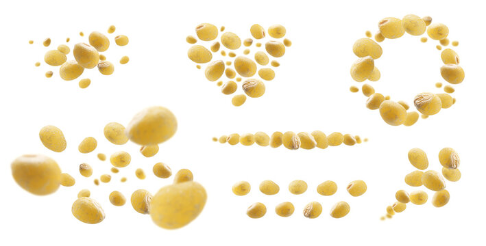 A set of photos. Yellow millet levitates on a white background