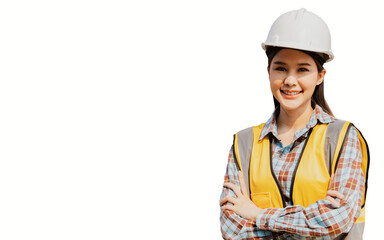 Portrait charming female worker looks at the camera giving you smile : Beautiful Asian female architect engineer standing with arms crossed isolated on white background.
