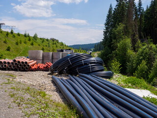 pipes in bays. Civil infrastructure pipe, water lines and sanitary storm. Preparation for...