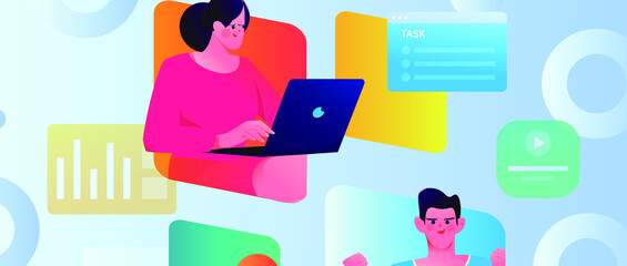 Internet workers collaborating with each other vector concept illustration
