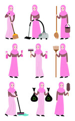 Fototapeta na wymiar cartoon Muslim woman holding cleaning tools illustration vector flat
