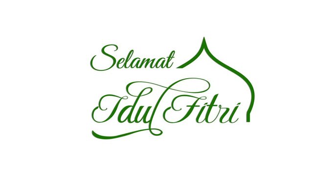 Selamat Idul Fitri (caption: Happy Eid Mubarak in the Indonesian language) with a mosque dome ornament. This animation is in green and white writing on a white and black background