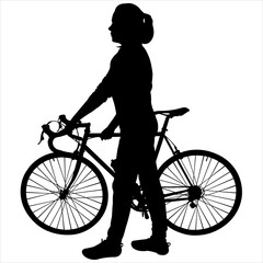 Fototapeta premium A young girl in a sports uniform, with a tail of hair on her head. The girl is holding a bicycle with her hands. Biking. Cyclist. Road bike. Side view. Black female silhouette isolated on white.