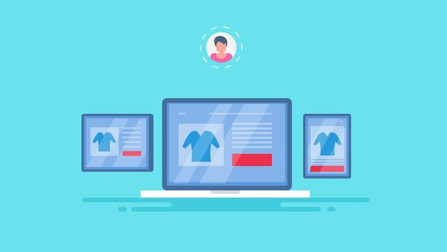 Dynamic remarketing, behavioural retargeting, online targeted advertising campaign, display ad network process - Business communication 2d animation 4k video clip.