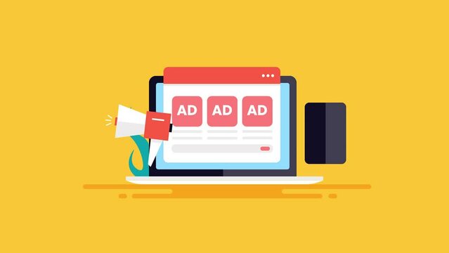 Advertising on ad network, social media ads on mobile, search engine advertising - business strategy conceptual 2d animation 4k video clip.