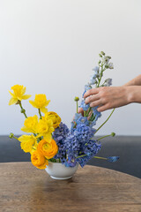 Florist woman's hands create flowers arrangement with seasonal spring garden blue and yellow...