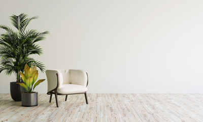 sofa chair and plants with white wall. copy space.