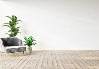 sofa chair and plants with white wall. copy space.