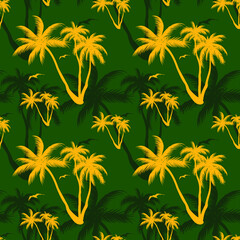 Fototapeta na wymiar Palm trees and birds yellow on green background, seamless pattern, texture for fabric design, wallpaper and tile, vector illustration