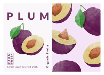 Plum packaging design templates, watercolour style vector illustration.	