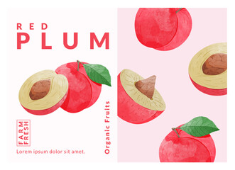 Red Plum packaging design templates, watercolour style vector illustration.
