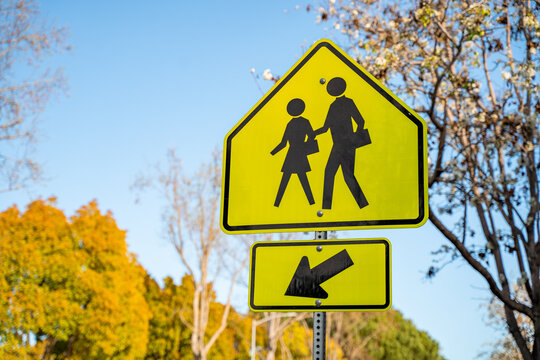 Yellow sign for school zone. School warning sign.