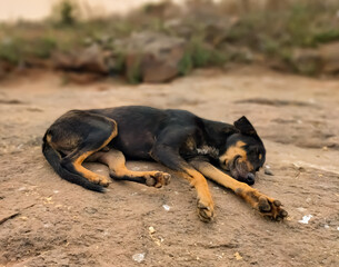 Black Street Dog Sleeping On The Mountain
